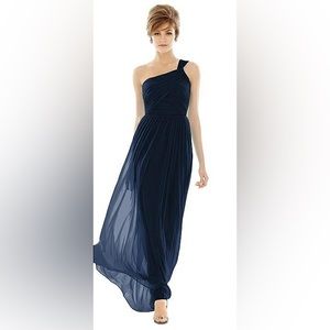 ALFRED SUNG Ruched Asymmetrical Chiffon Gown in Midnight Blue